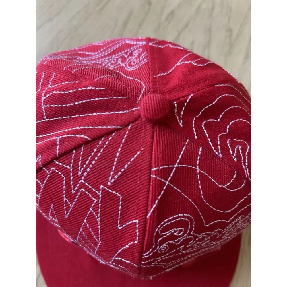 Y2K NY Red Hat White Stick Look Flat Bill New York Artsy 7 1/4 Retro RARE 90s
